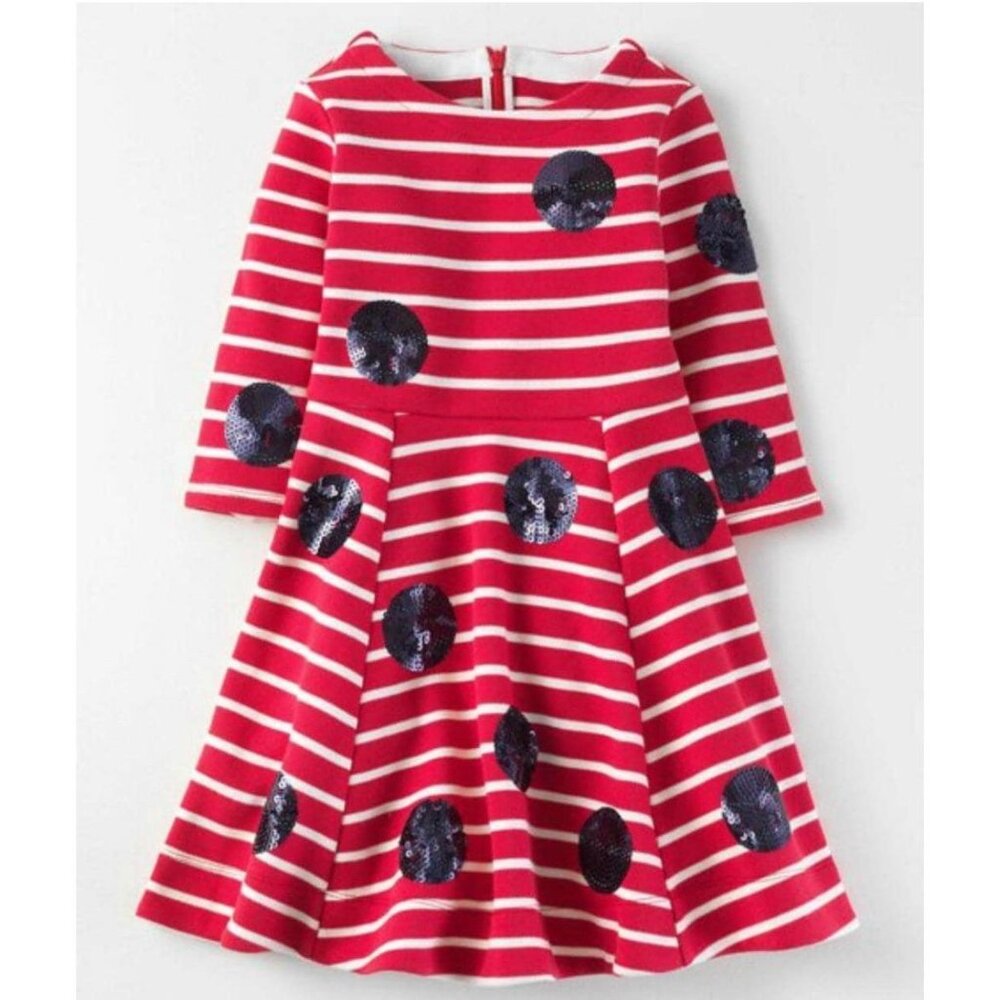 Mini Boden Red and White Striped Dress with Navy Sequin Dots